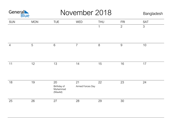 Printable November 2018 Calendar for Bangladesh