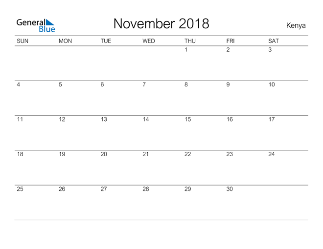 Printable November 2018 Calendar for Kenya