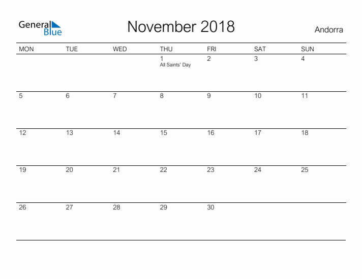 Printable November 2018 Calendar for Andorra