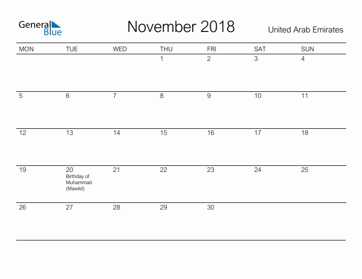 Printable November 2018 Calendar for United Arab Emirates