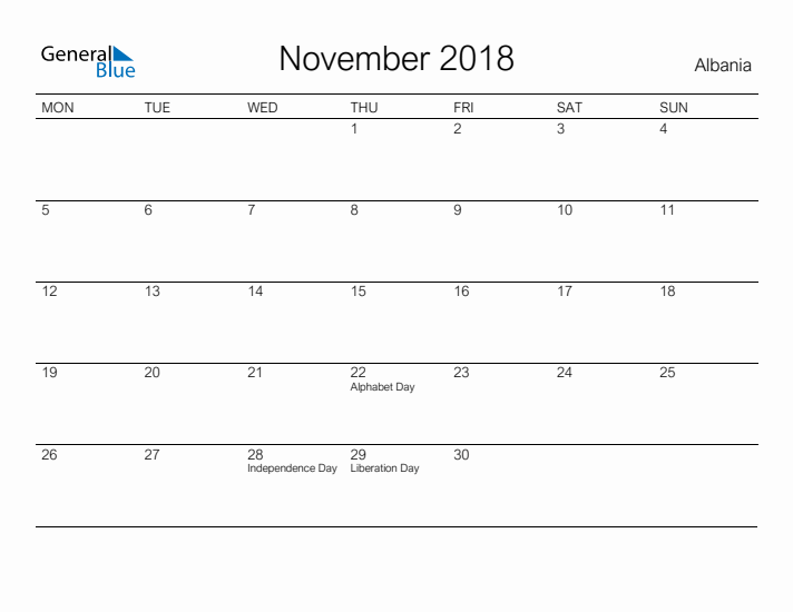 Printable November 2018 Calendar for Albania