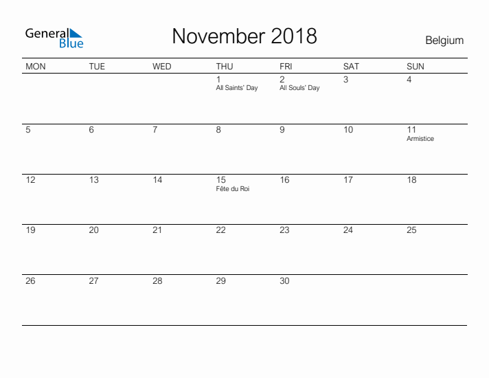 Printable November 2018 Calendar for Belgium