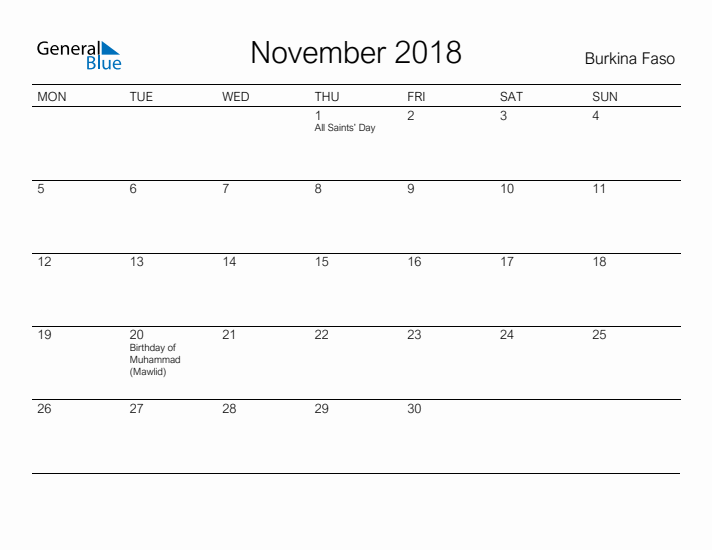 Printable November 2018 Calendar for Burkina Faso