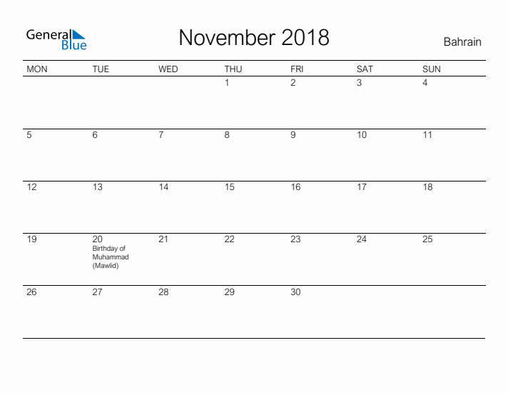 Printable November 2018 Calendar for Bahrain