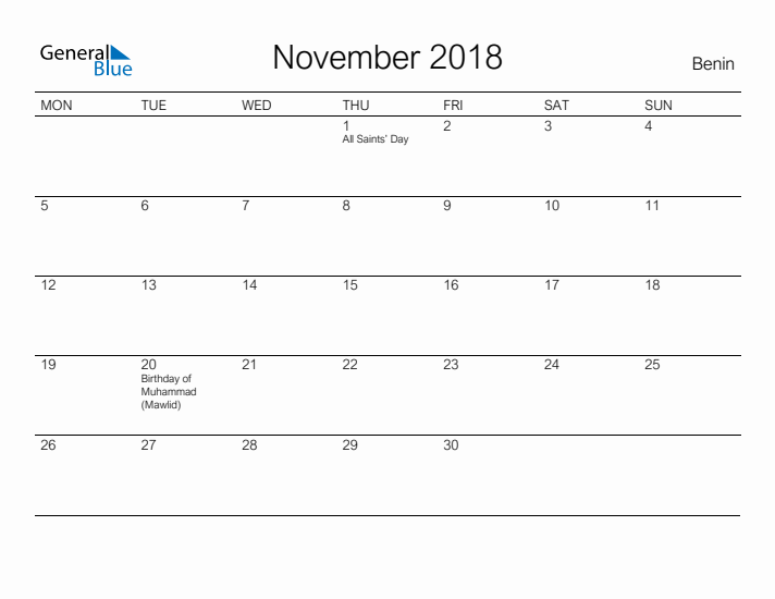 Printable November 2018 Calendar for Benin