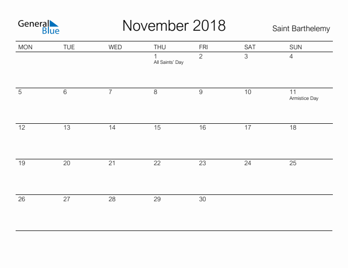Printable November 2018 Calendar for Saint Barthelemy