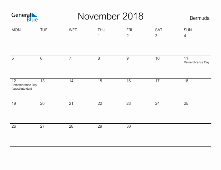 Printable November 2018 Calendar for Bermuda