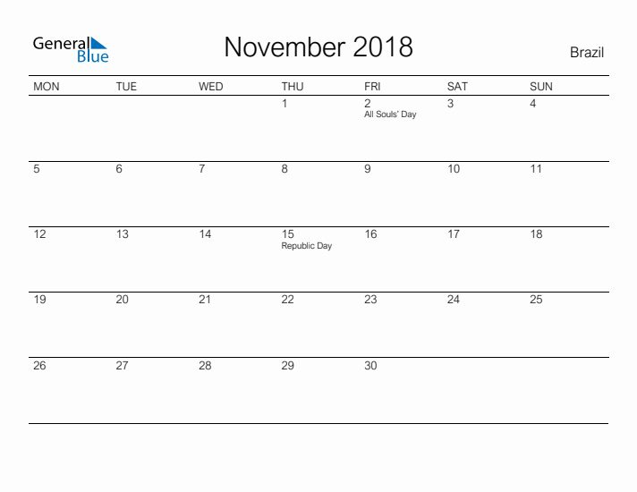 Printable November 2018 Calendar for Brazil
