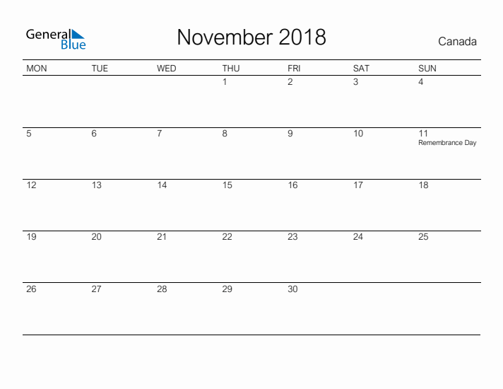 Printable November 2018 Calendar for Canada