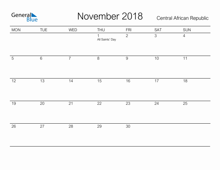 Printable November 2018 Calendar for Central African Republic