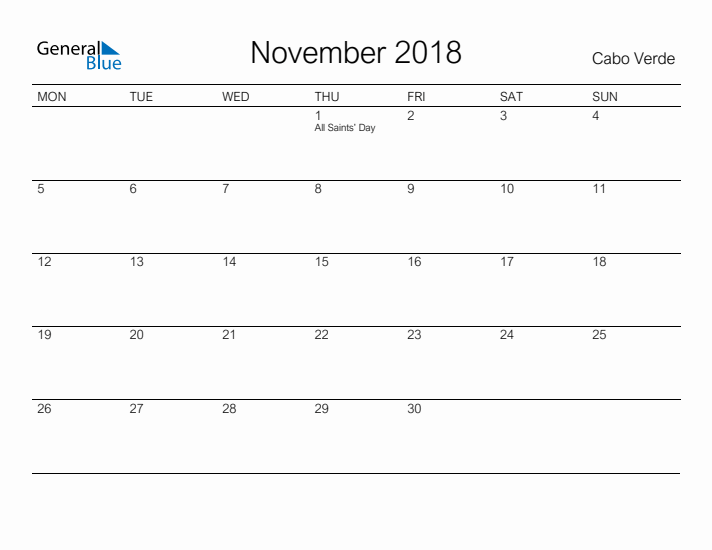 Printable November 2018 Calendar for Cabo Verde