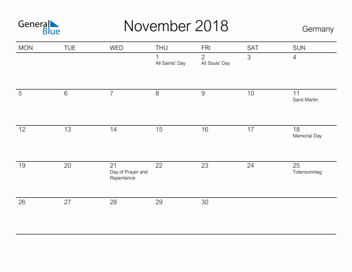 Printable November 2018 Calendar for Germany