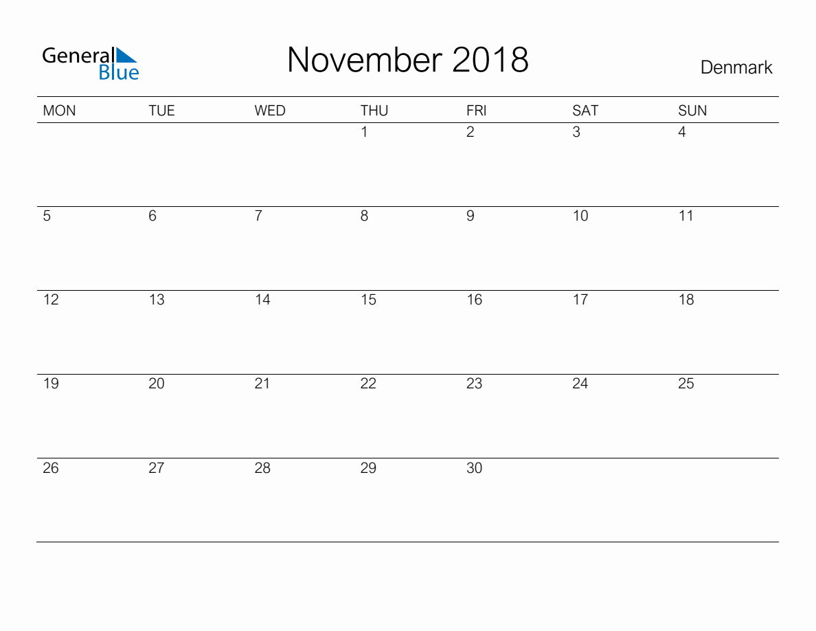 Printable November 2018 Monthly Calendar With Holidays For Denmark