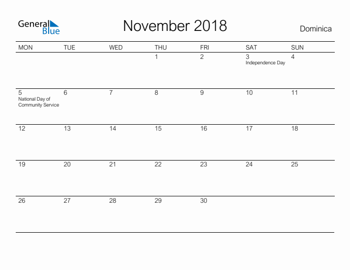 Printable November 2018 Calendar for Dominica