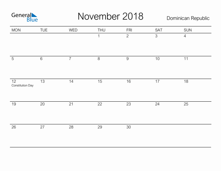 Printable November 2018 Calendar for Dominican Republic