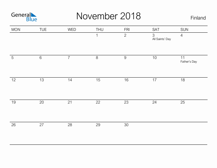 Printable November 2018 Calendar for Finland