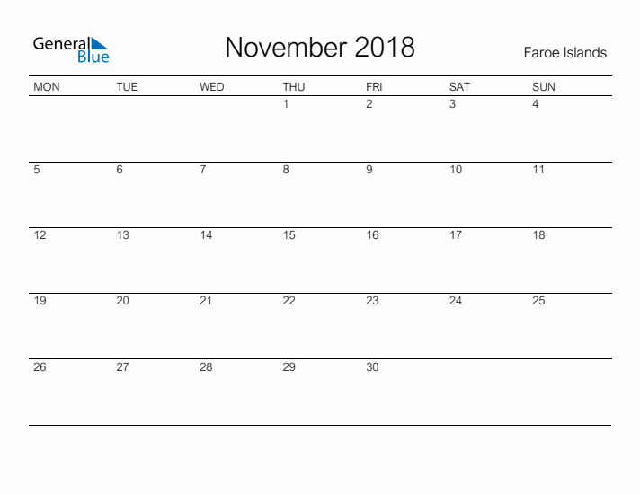 Printable November 2018 Calendar for Faroe Islands