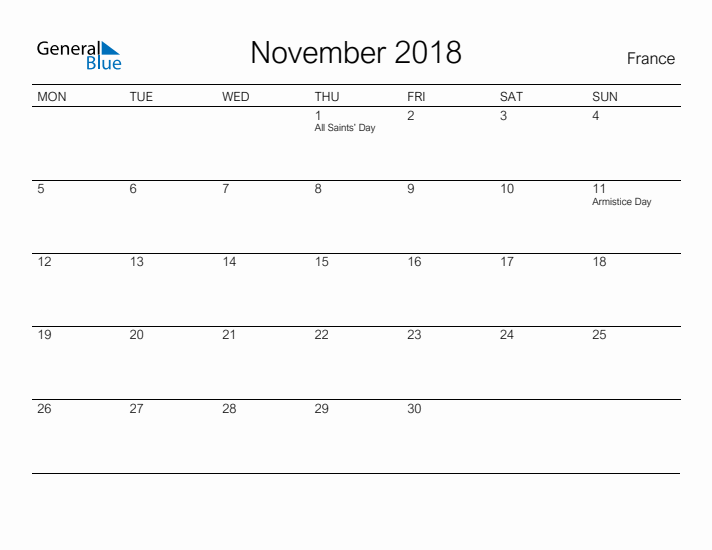 Printable November 2018 Calendar for France