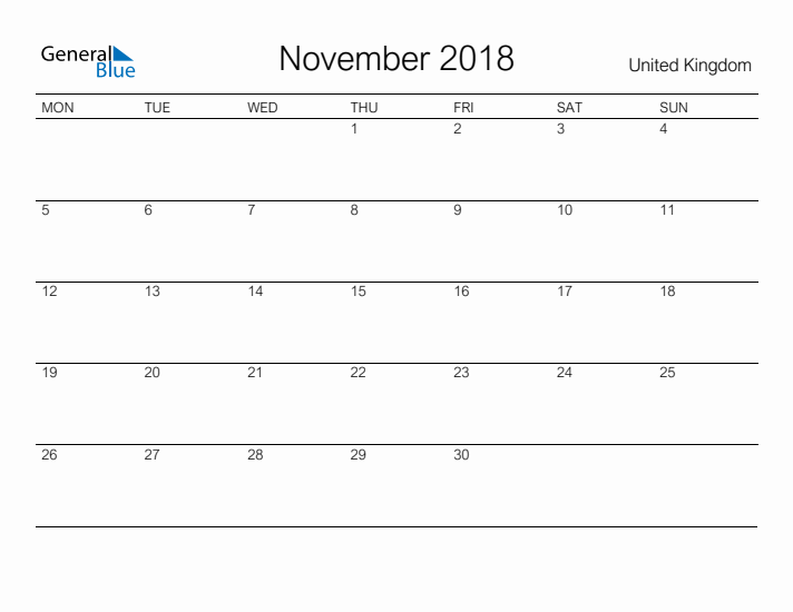 Printable November 2018 Calendar for United Kingdom