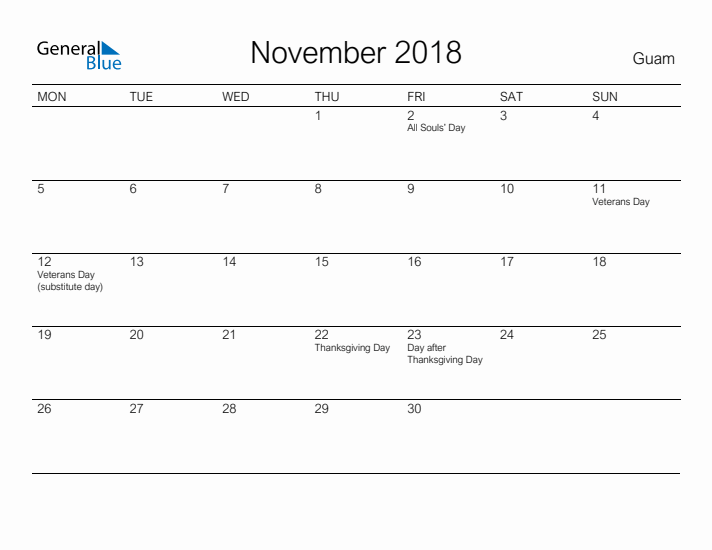 Printable November 2018 Calendar for Guam