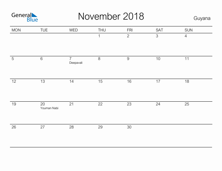 Printable November 2018 Calendar for Guyana