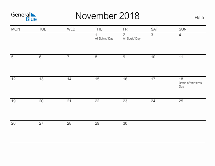 Printable November 2018 Calendar for Haiti
