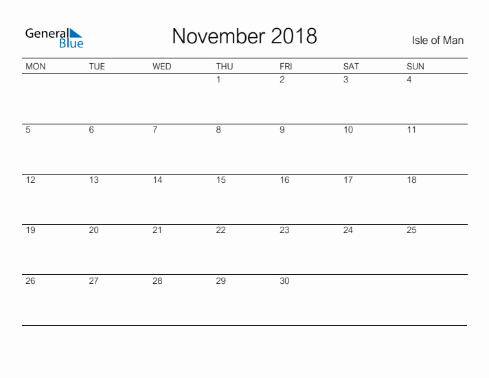 Printable November 2018 Calendar for Isle of Man