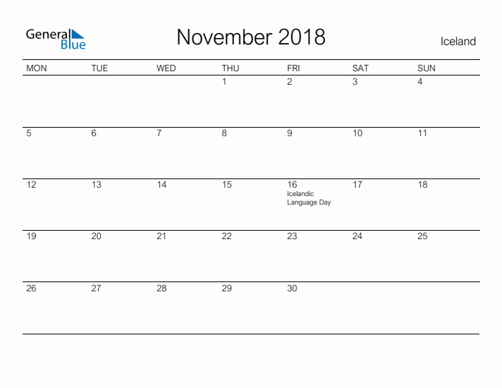 Printable November 2018 Calendar for Iceland