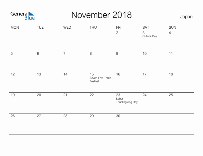 Printable November 2018 Calendar for Japan