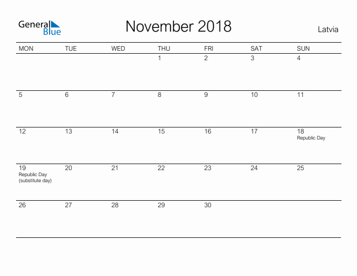Printable November 2018 Calendar for Latvia