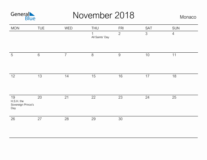 Printable November 2018 Calendar for Monaco