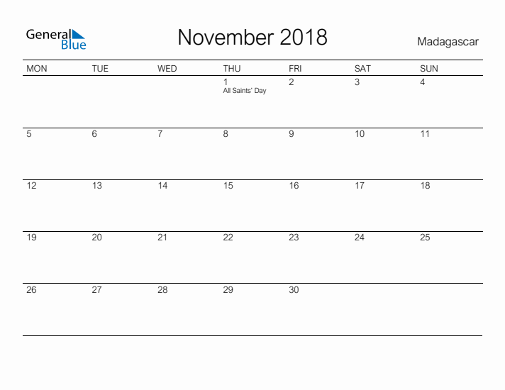 Printable November 2018 Calendar for Madagascar