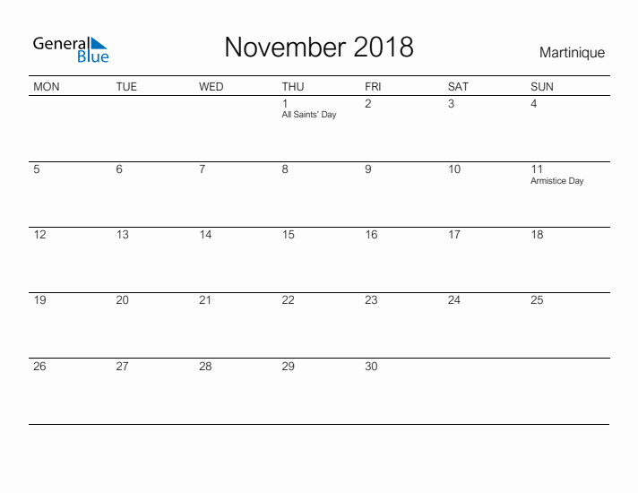 Printable November 2018 Calendar for Martinique