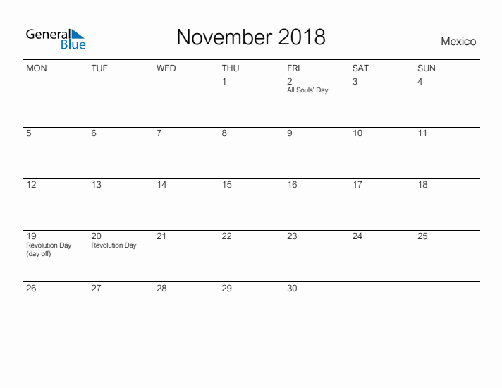 Printable November 2018 Calendar for Mexico