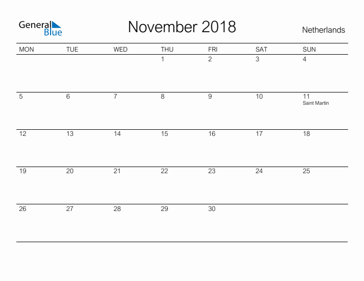 Printable November 2018 Calendar for The Netherlands