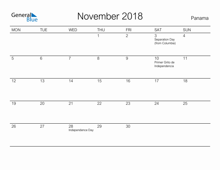 Printable November 2018 Calendar for Panama