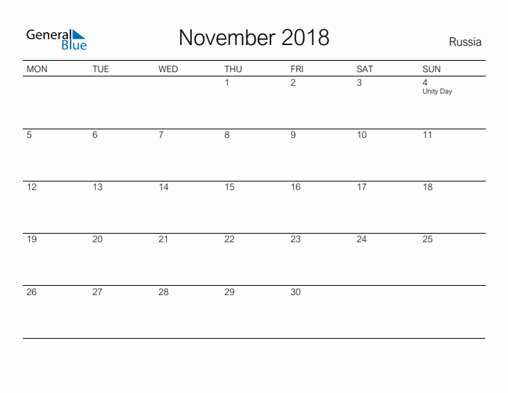 Printable November 2018 Calendar for Russia