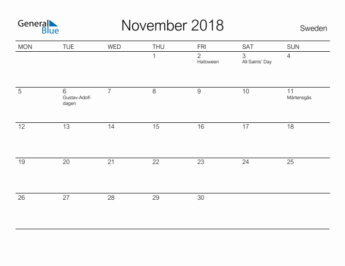 Printable November 2018 Calendar for Sweden