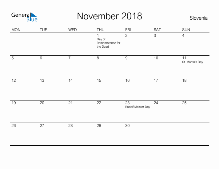 Printable November 2018 Calendar for Slovenia