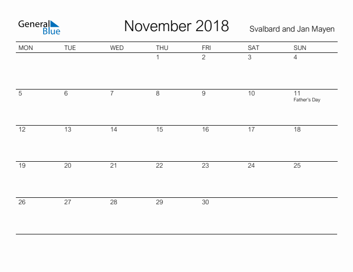 Printable November 2018 Calendar for Svalbard and Jan Mayen