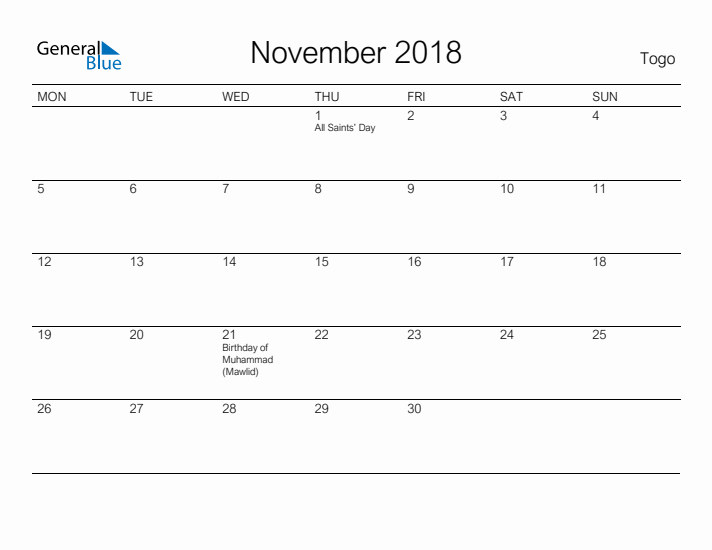 Printable November 2018 Calendar for Togo