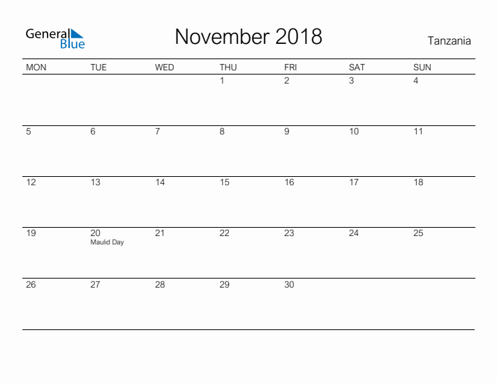 Printable November 2018 Calendar for Tanzania