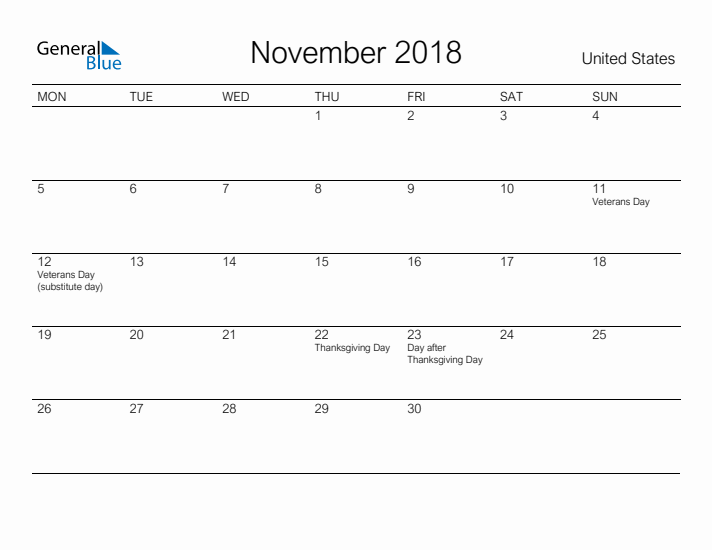 Printable November 2018 Calendar for United States