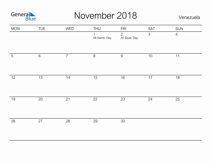 Printable November 2018 Calendar for Venezuela