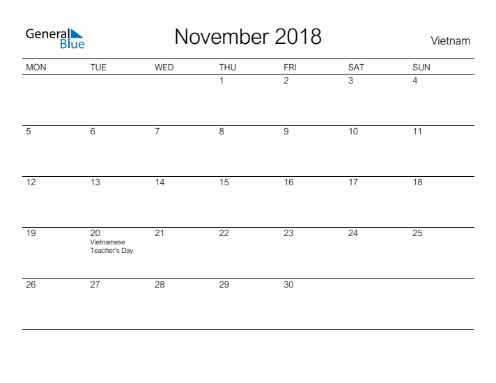 Printable November 2018 Calendar for Vietnam