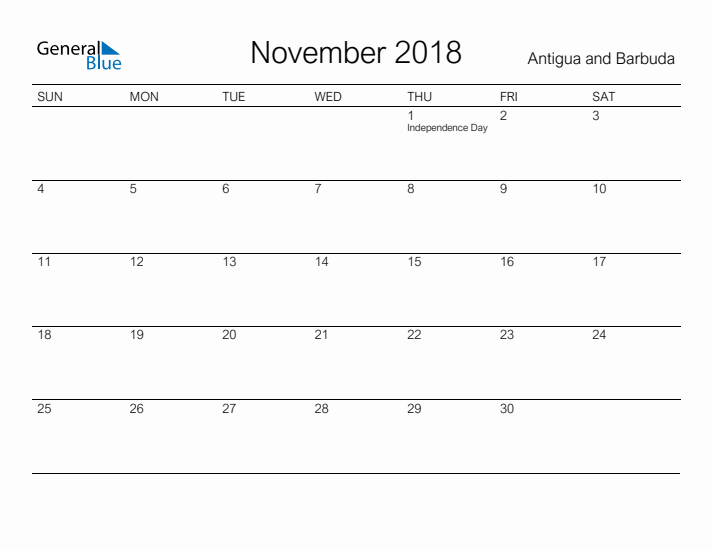 Printable November 2018 Calendar for Antigua and Barbuda