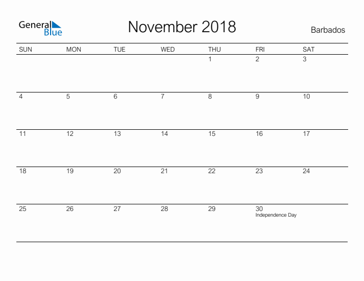 Printable November 2018 Calendar for Barbados