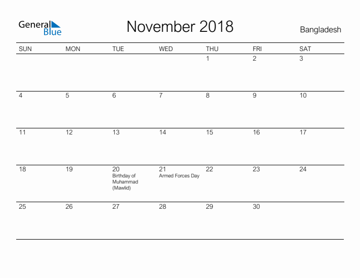 Printable November 2018 Calendar for Bangladesh