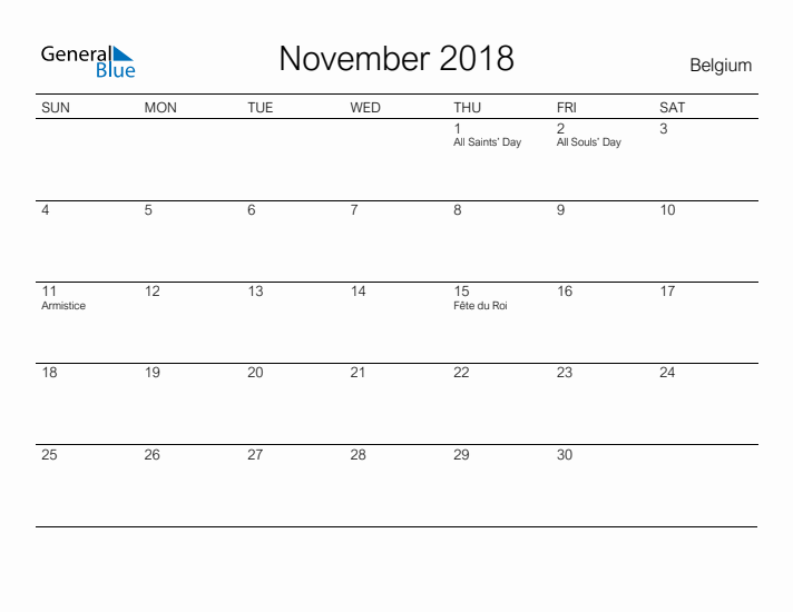 Printable November 2018 Calendar for Belgium