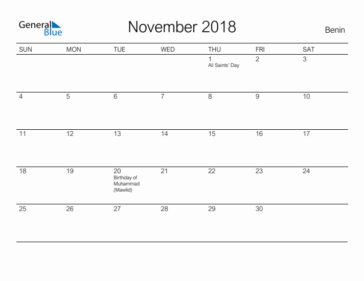 Printable November 2018 Calendar for Benin